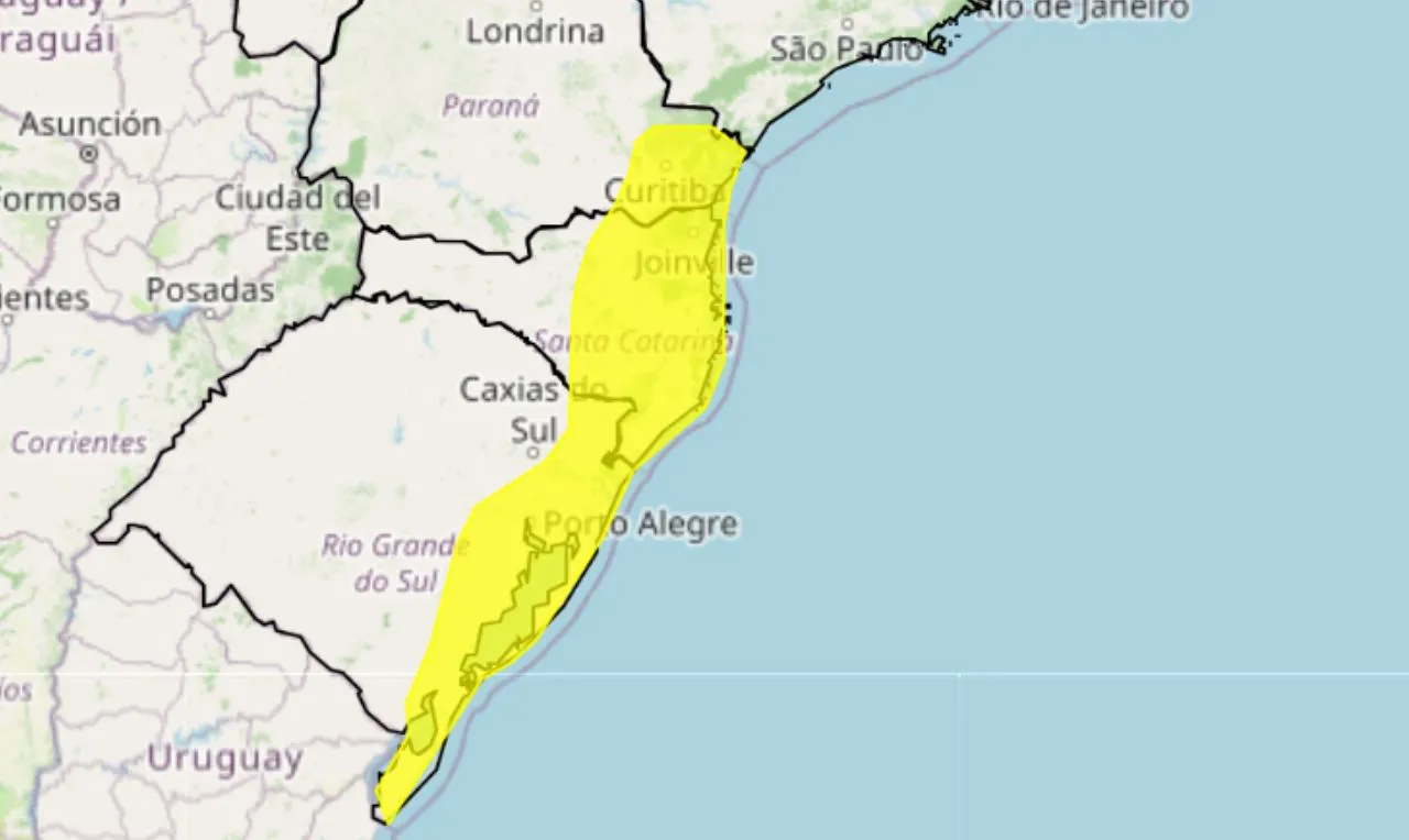 o mapa mostra as &aacute;reas em alerta para ventanias